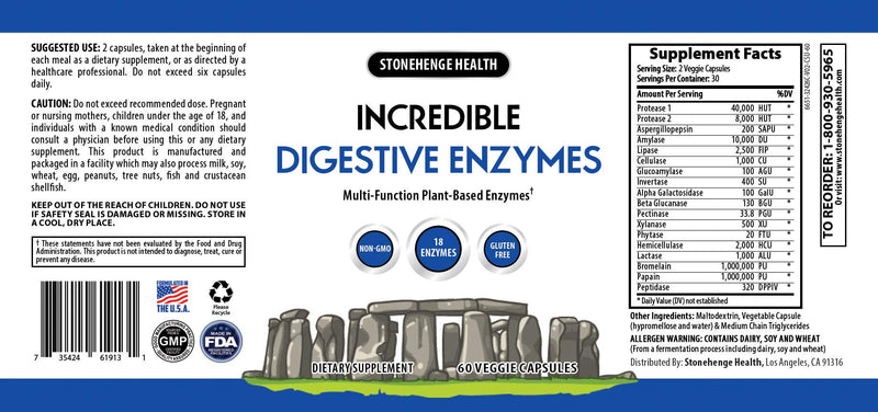 [Australia] - Stonehenge Health Incredible Digestive Enzymes - 18 Plant-Based Enzymes - Lipase, Lactase, Protease, Amylase, Bromelain for Gas, Bloating, Fatigue (1) 1 