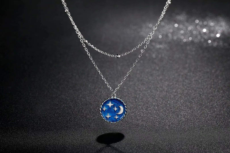 [Australia] - Presentski Star Layered Chain Choker Necklace Sterling Silver Blue Starry Sky Star Moon Pendant Double Layer Necklaces for Women Girls 