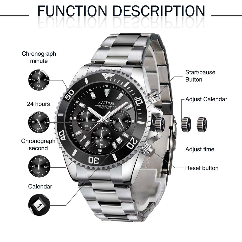 [Australia] - Mens Watches Quartz Watches for Men Multifunction Chronograph Stainsteel Steel Men's Wrist Watches Waterproof Perfect for Business and Casual Use Black 