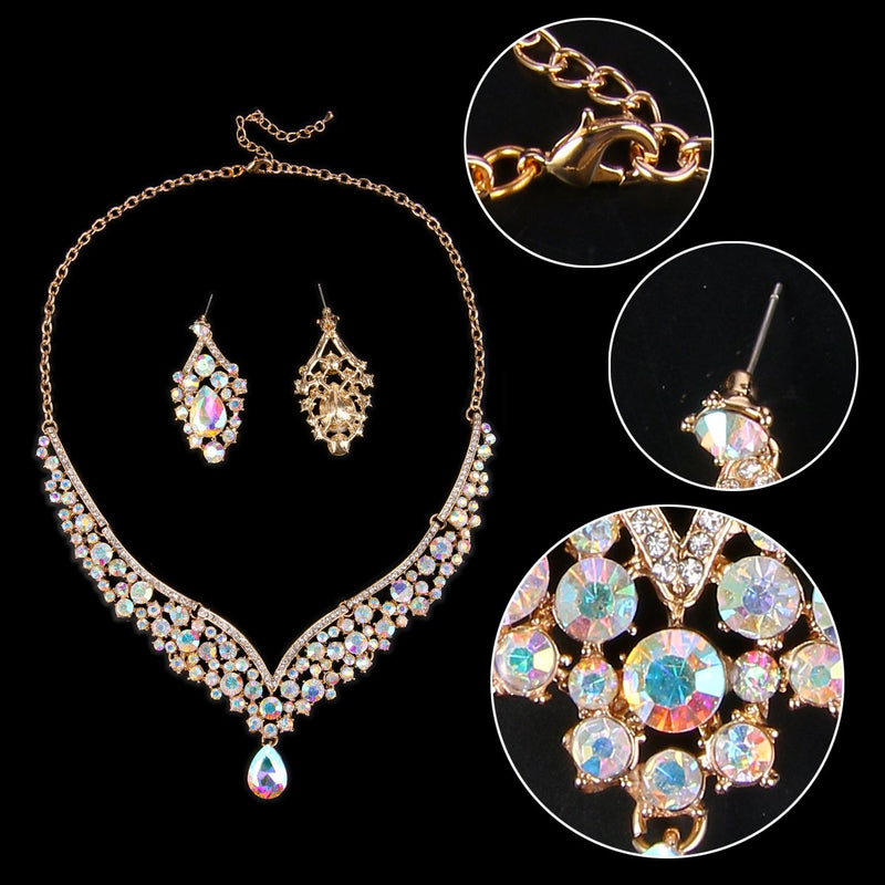 [Australia] - EVER FAITH Austrian Crystal Elegant V-Shaped Teardrop Necklace Earrings Set Iridescent Clear AB Gold-Tone 