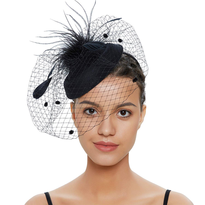 [Australia] - Gionforsy Pillbox Fascinator Veil Feather Derby Hat Lace Gloves Pearl Necklace Style 1-black 