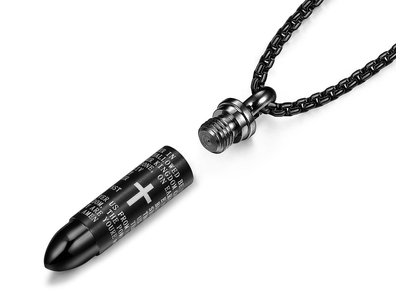 [Australia] - LOYALLOOK 2pcs Men's Stainless Steel Cylinder Pendant Chain Necklace Cross Bullet Pendant Necklace Lord's Prayer 22 Inch 1pc Cross+ 1pc Lord's Prayer 