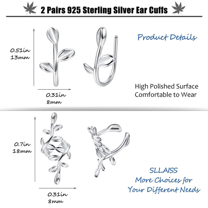 [Australia] - Sllaiss 2 Pairs 925 Sterling Silver Leaf Ear Cuff for Women No Piercing Cartilage Cuff Wrap Earrings Hypoallergenic 