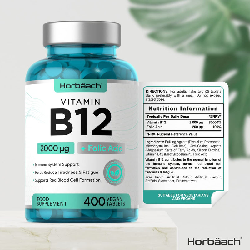 [Australia] - Vitamin B12 Complex 2000ug | 400 Vegan Tablets High Strength | with Folic Acid | by Horbaach 