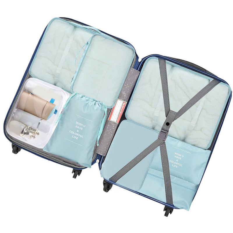 [Australia] - 8 Set Packing Cubes - WantGor 6 Travel Organizer Luggage Compression Pouches + 1 Shoes Bag+ 1 Clear Toiletry Bag (1# Sky Blue) 1# Sky Blue 