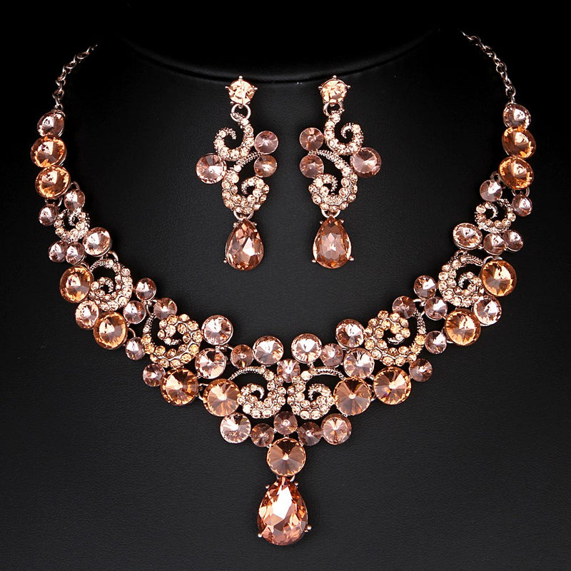 [Australia] - Youfir Crystal Flower Teardrop Wedding V-Necklace Dangle and Earrings Jewelry Sets for Brides Rose Gold-Peach 