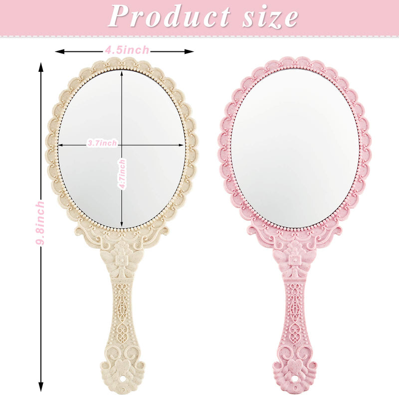 [Australia] - 2 Pieces Vintage Handheld Mirror Portable Embossed Flower Mirror Hand Held Decorative Mirrors Compact Mirror with Handle for Face Makeup Travel Personal Cosmetic Salon Mirror (Pink, Cream) Pink, Cream 