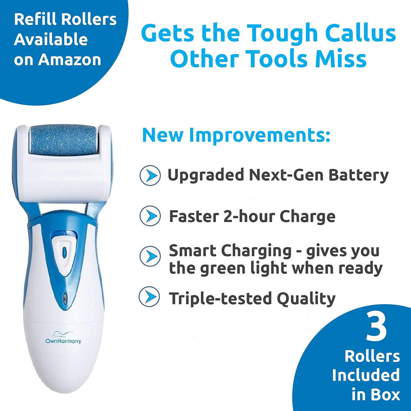 [Australia] - Electric Callus Remover: Own Harmony Professional Pedicure Tools Foot Care for Women, Rechargeable Foot Scrubber, CR900 Electronic Feet File Pedi Sander Best for Hard Cracked Dry Dead Skin, 3 Rollers Blue 