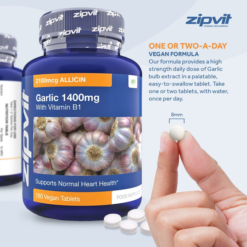 [Australia] - Garlic Tablets 1400mg, 2100mcg Allicin per Tablet with Added Vitamin B1. Supports Heart Health. 180 Vegan Tablets. 6 Months Supply. 