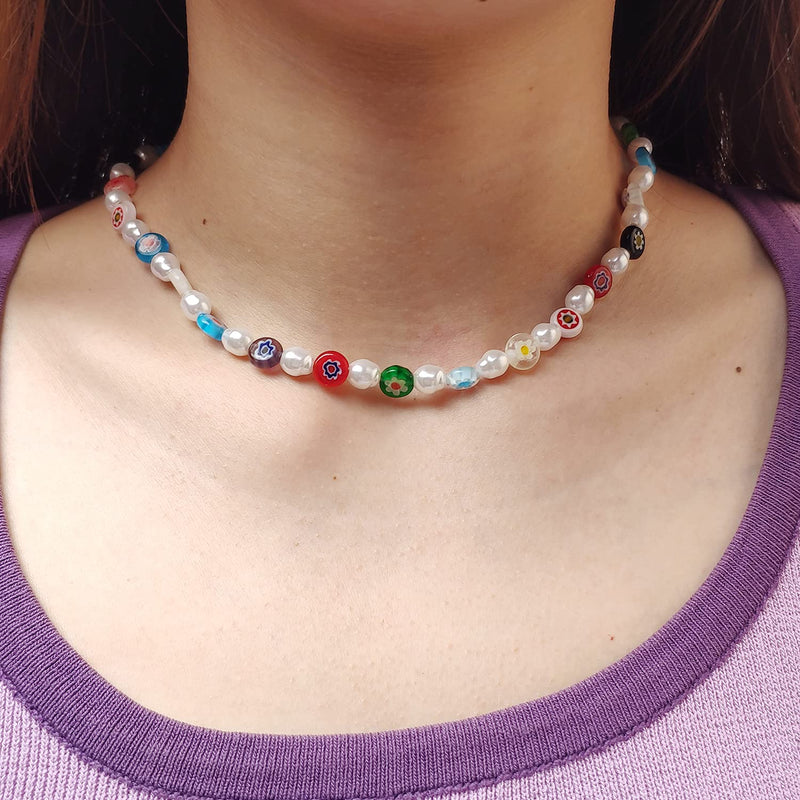 [Australia] - Bohemian Smiley Face Necklace Colorful Pearl Beaded Choker for Women Handmade Irregular Faux Necklaces with Charm 4 face choker necklace 