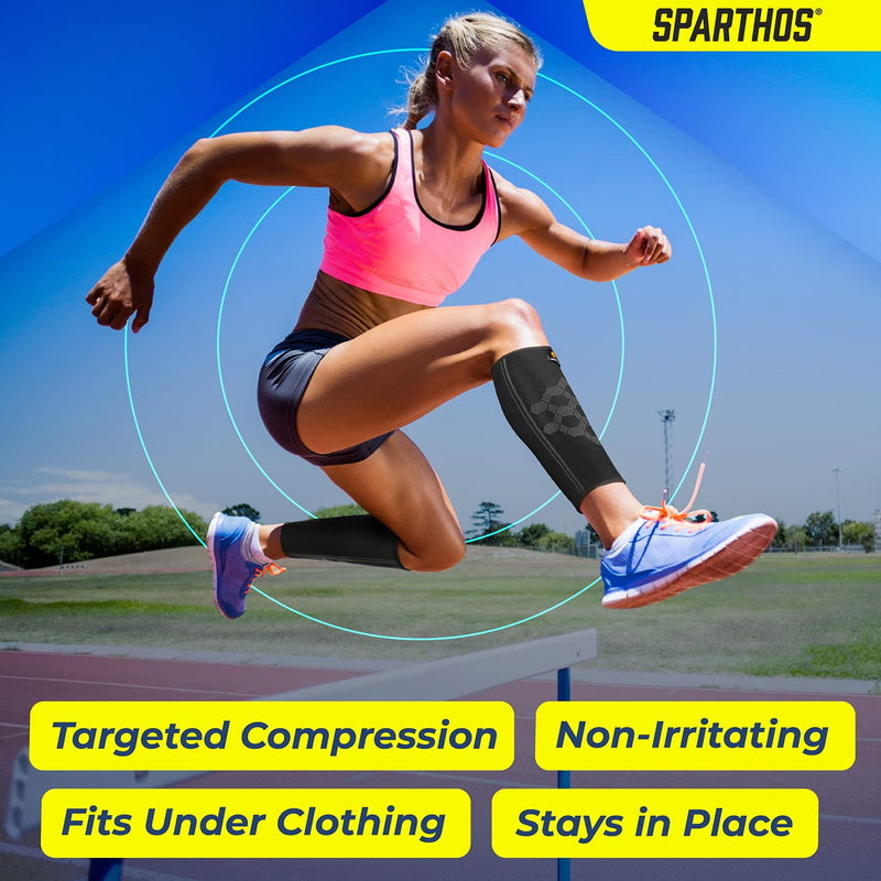 [Australia] - Calf Compression Sleeve by SPARTHOS (Pair) – Leg Compression Brace for Men and Women – Shin Splint Calf Pain Relief Calves Blood Circulation Sports Support Running Walking Cycling Yoga (Black-M) Medium (Pack of 2) Midnight Black 