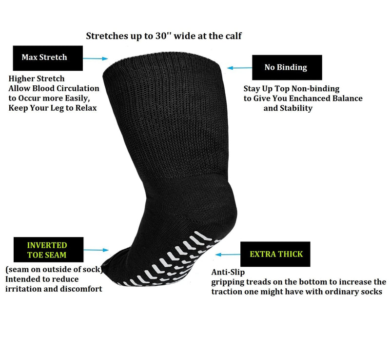 [Australia] - Diabetic Edema Socks - Oversized Anti-Slip Sock Stretches up to 30'' Over Calf for Swollen Feet Black 