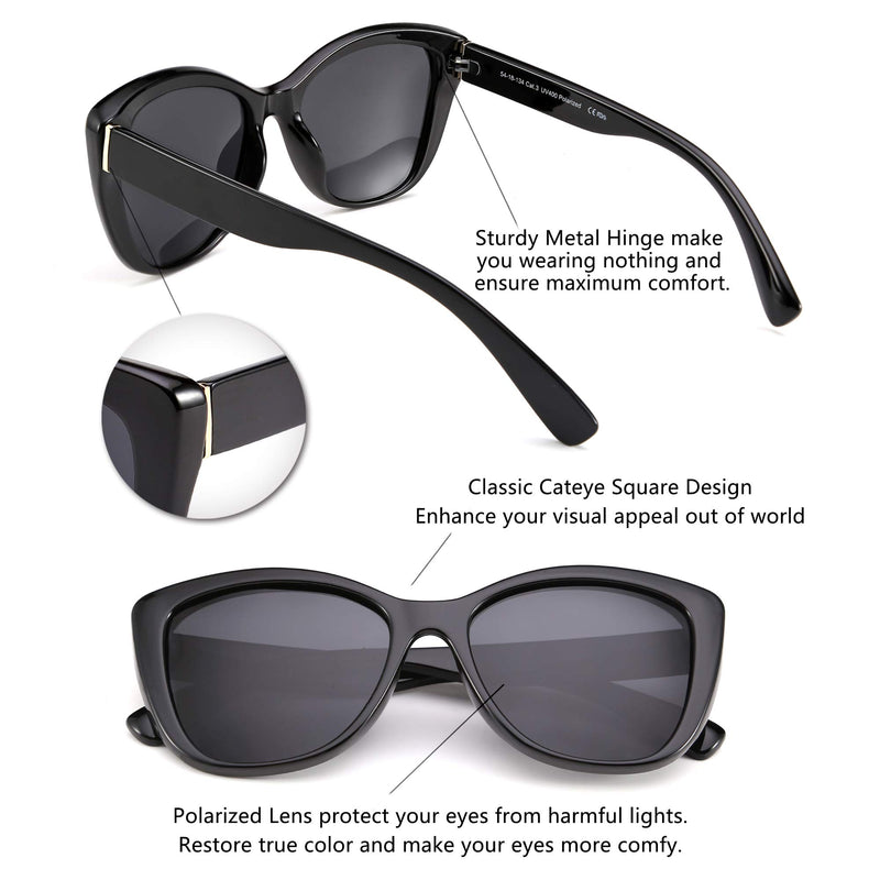 [Australia] - FEISEDY Polarized Vintage Sunglasses American Square Jackie O Cat Eye Sunglasses B2451 Black 56 Millimeters 
