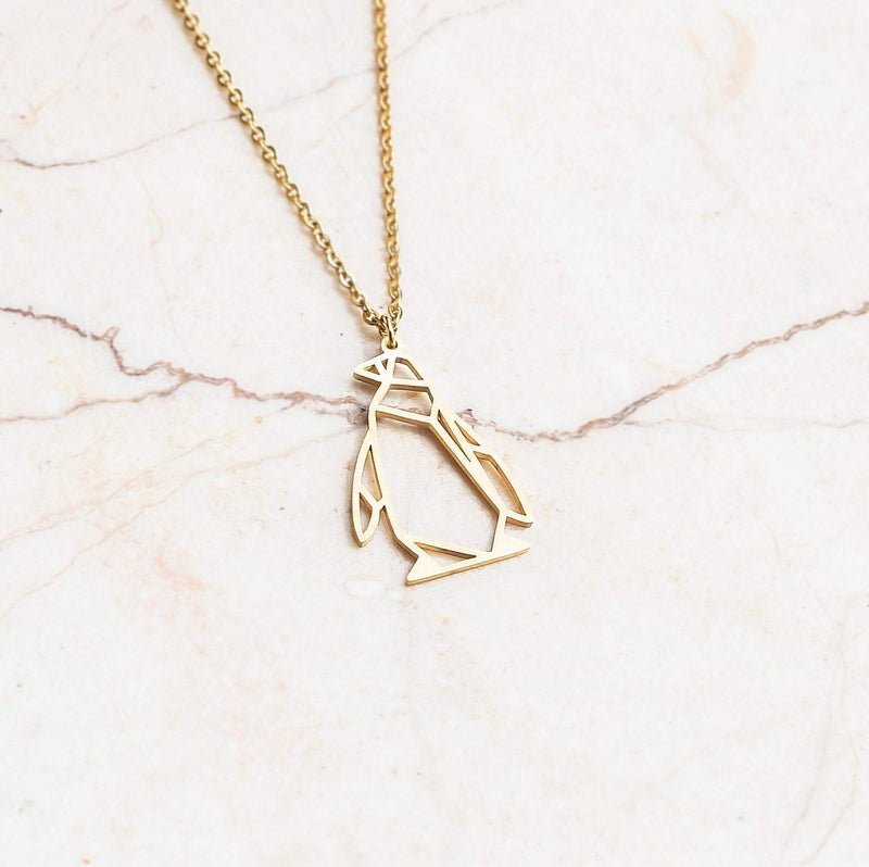 [Australia] - La Menagerie Penguin Gold Origami Jewelry & Gold Geometric Necklace – 18 Karat Plated Gold Necklace & Penguin Necklaces for Women – Penguin Necklace for Girls & Origami Necklace 