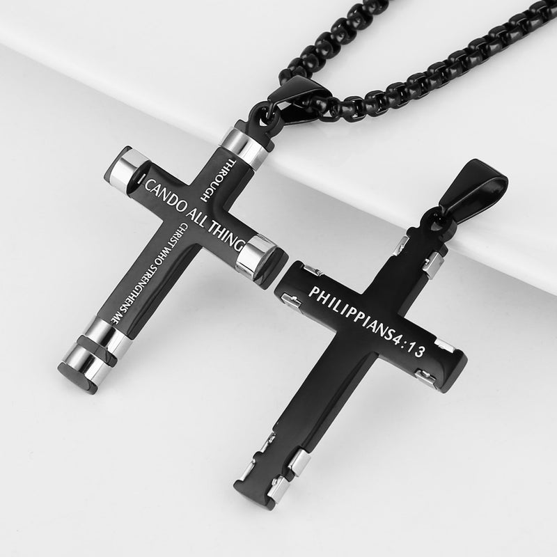 [Australia] - HZMAN Philippians 4:13 Cross Pendant STRENGTH Bible Verse Stainless Steel Necklace 3 Colors Available Black 