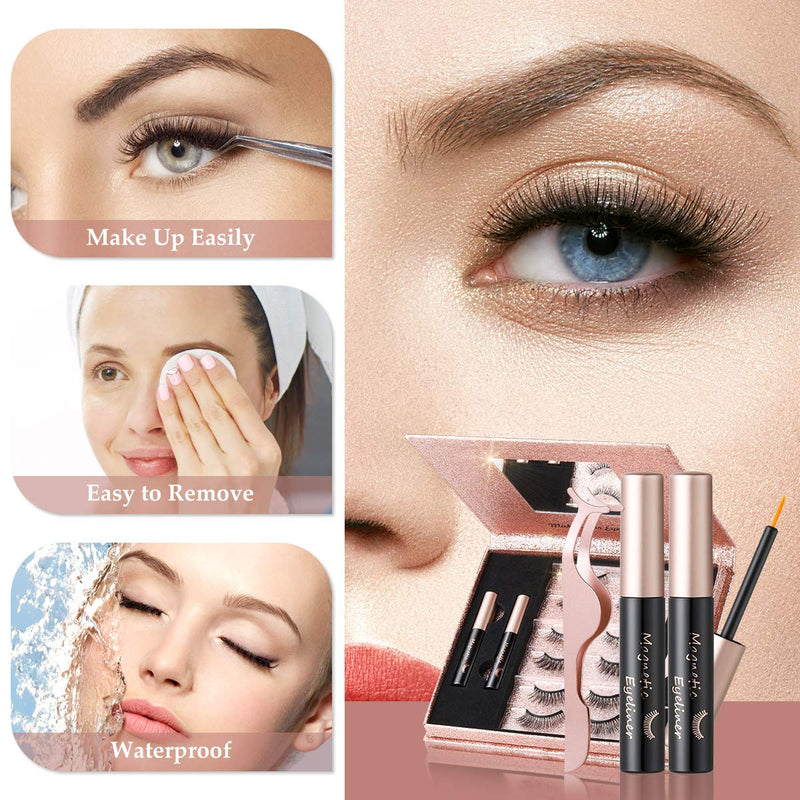 [Australia] - Magnetic Eyelashes with Eyeliner Kit, AoGer 6 Pairs 3D Natural Look False Magnetic Eyelashes, 2 Tubes Long Lasting Magnetic Eyeliner 10mL, Mirror Box with Professional Tweezers -No Glue Needed 6 Pairs Magnetic Eyelashes 