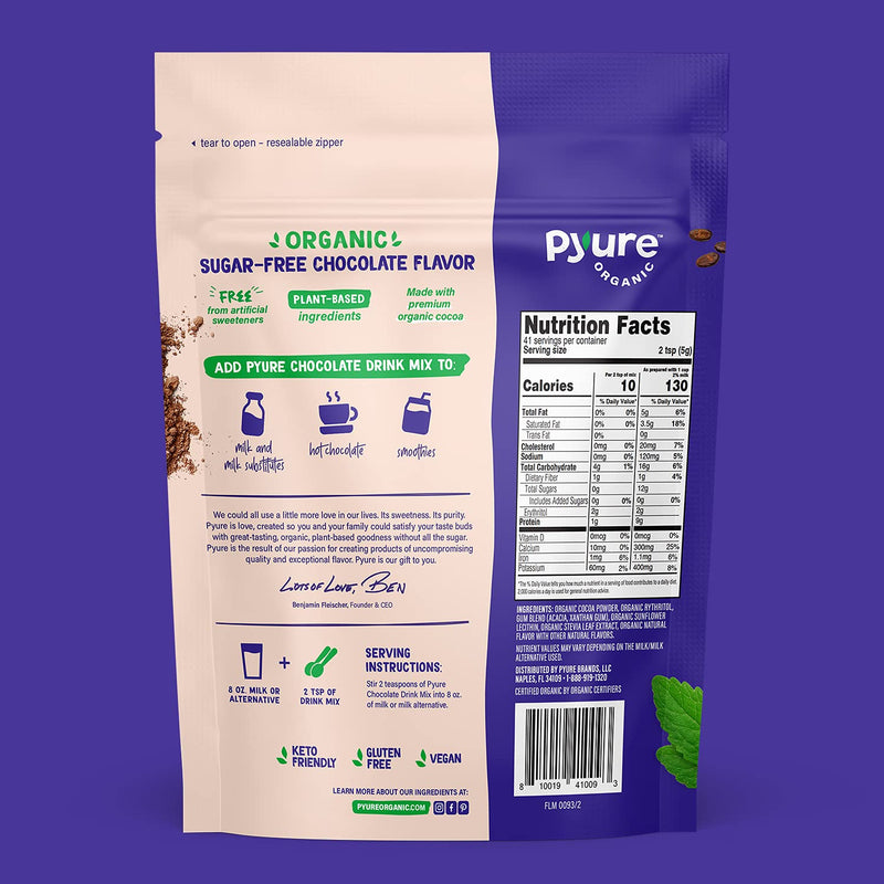[Australia] - Organic Chocolate Drink Mix with Cocoa by Pyure | Sugar-Free, Keto, 1 Net Carb | 7.23 Ounce 