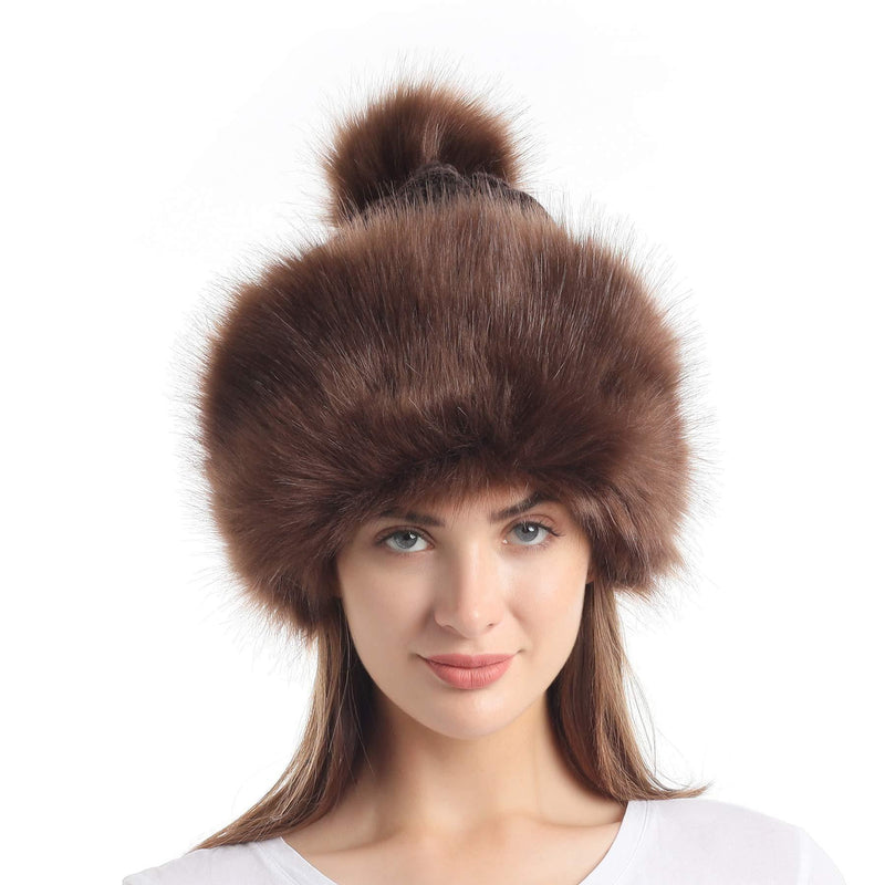 [Australia] - soul young Women's Russian Style Cossack Faux Fur Hat with Pompom Coffee 