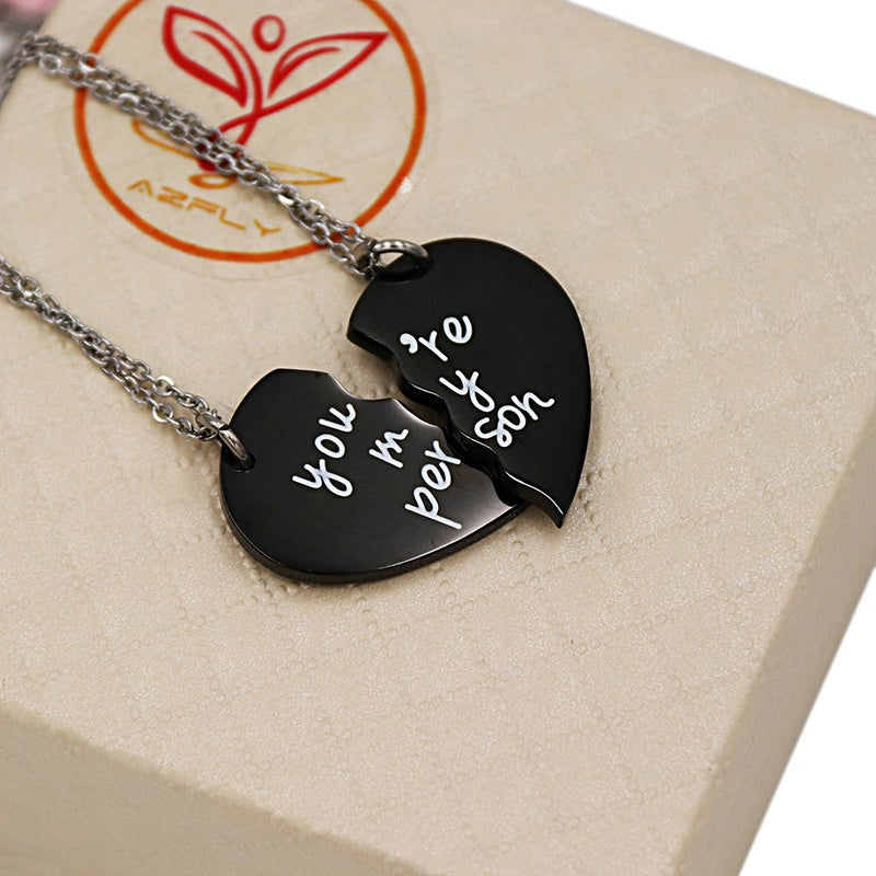 [Australia] - Azfly You're My Person Broken Two Half Heart Pendant Necklace Lover Couples Best Friends BFF Necklaces Gifts for 2 Black 