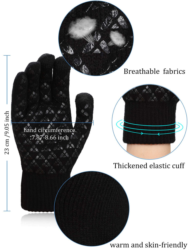 [Australia] - 4 Pairs Winter Knit Touchscreen Gloves Warm Texting Gloves Elastic Anti-slip Gloves for Adults Black, Black Red, Black Grey, Rose Red Medium 