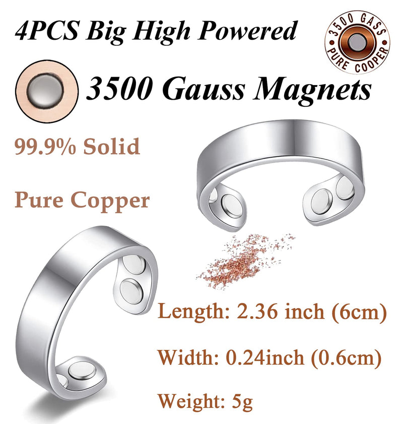 [Australia] - Vicmag 4X Strength Magnetic Copper Rings for Women Magnet Rings with 4X 3500 Gauss Magnets 100% Solid Pure Copper Adjustable with Jewelry Gift Box 2PCS (Silver) Silver 