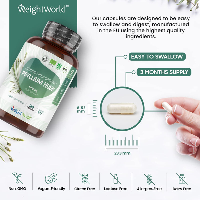 [Australia] - Organic Psyllium Husk Capsules 1400mg - 180 Vegan Capsules (3 Month Supply) - High Soluble Prebiotic Fibre Supplement - Soil Association Certified -Allergen & Gluten Free Psyllium Husk Powder Capsules 
