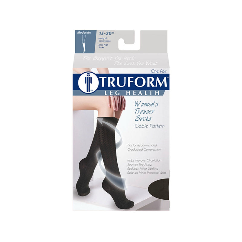 [Australia] - Truform Compression Socks, 15-20 mmHg, Women's Dress Socks, Knee High Over Calf Length, Black Cable Knit, X-Large X-Large (1 Pair) 