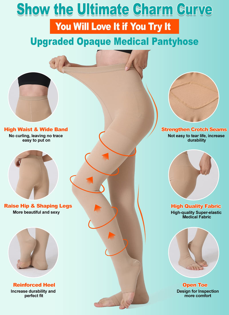 [Australia] - MGANG® Compression Pantyhose, Open Toe, Waist High Compression Stockings Opaque, 20-30 mmHg Medical Pantyhose, Firm Support Hose for Women & Men, Edema, Varicose Veins, Swelling, Nursing, Beige Medium 20-30mmhg Beige Open-toe 