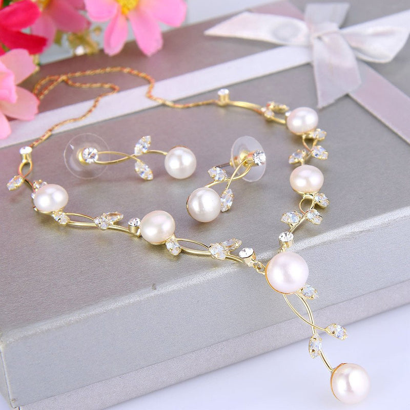 [Australia] - EVER FAITH CZ Crystal Cream Simulated Pearl Floral Vine Filigree Necklace Earrings Set A_Gold-Tone 