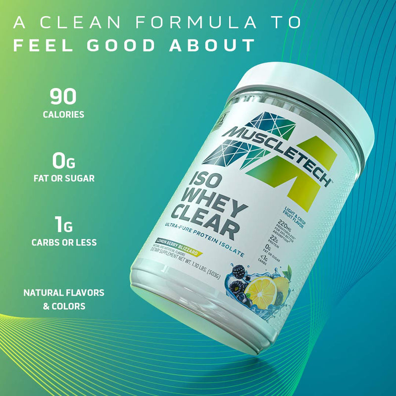 [Australia] - Whey Protein Powder | MuscleTech Clear Whey Protein Isolate | Whey Isolate Protein Powder for Women & Men | Clear Protein Drink | 22g of Protein, 90 Calories | Lemon Berry Blizzard, 1.1lb(19 Servings) 