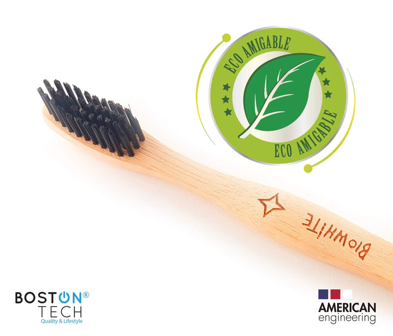 [Australia] - BioWhite - 4 Bamboo Eco Toothbrushes with Whitening Effect. 100% Sustainable Wood Toothbrush. Active Charcoal bristles, Great Grip. Vegan Toothbrush. 