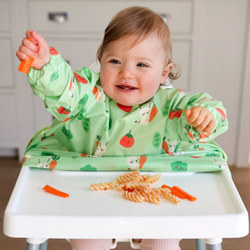 [Australia] - Bibetta Wipeezee XL Coverall Weaning Bib - Baby Bib with Sleeves - Wipe Clean Coverall Bib for Baby and Highchair Baby Led Weaning Unisex for Babies and Toddlers 6 Months +… Green - Bunny & Veg 