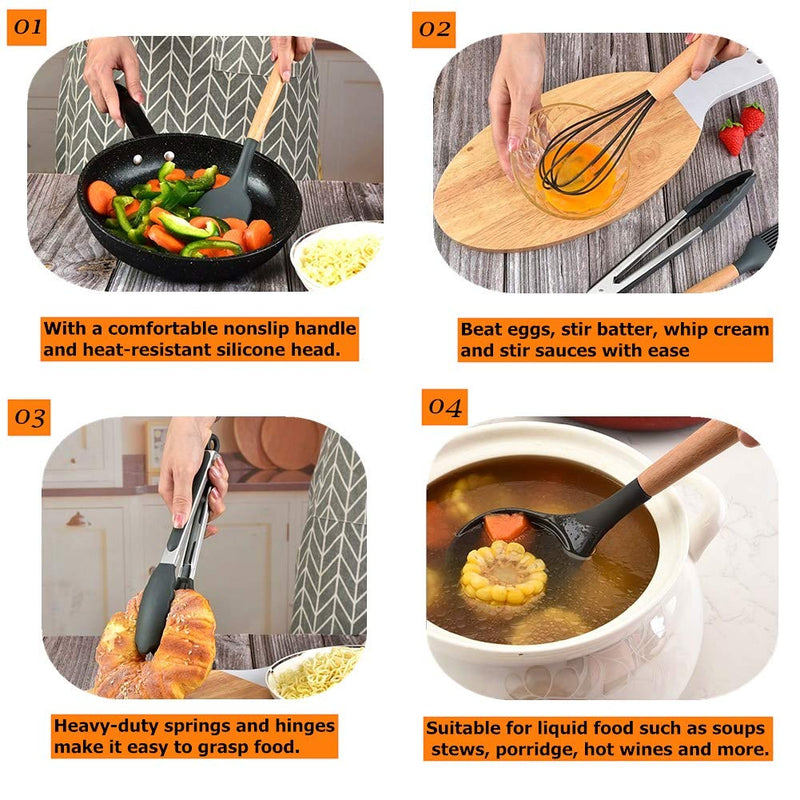 [Australia] - Cozywind Cooking Utensils Set with Holder Silicone Kitchen Utensils Set,12 pcs Wooden Handles, Kitchen Spatula Set Non-Stick 