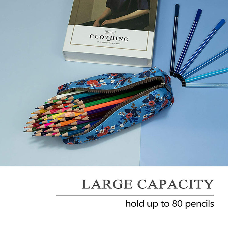 [Australia] - LParkin Birch Floral Canvas Pencil Case Teacher Gift Flower Pen Bag Gadget Pouch Stationary Case Makeup Cosmetic Bag Box Blue 