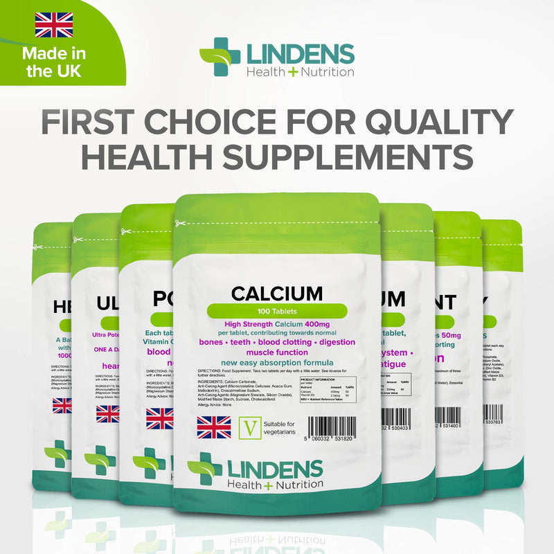 [Australia] - Lindens Calcium 400mg Tablets with Vitamin D3-100 Tablets - Contributes to Normal Muscle Function, Bones, Teeth and Digestion - 50 Days - UK Manufacturer, Letterbox Friendly 