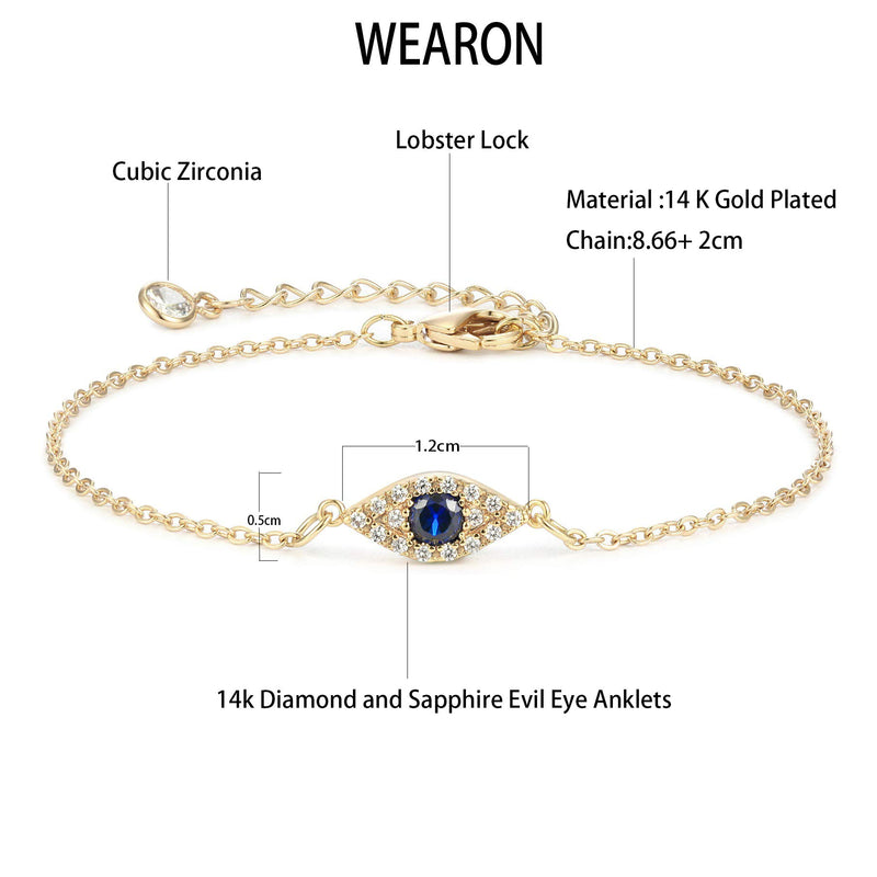 [Australia] - WEARON Blue Evil Eye Anklet Handmade 18k Gold Plated Dainty Boho Beach Cute Ankle Bracelet Adjustable Layered Foot Chain for Women 