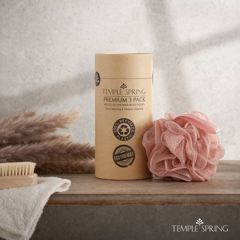 [Australia] - Temple Spring, Eco Recycled Shower Pouf, Bath Loofah, Body Brush, Mesh Sponge, Exfoliating Bath Scrunchie, Multi Pack Bathroom Puff, Toiletries, Foam Balls (Coral Pink) Coral Pink 