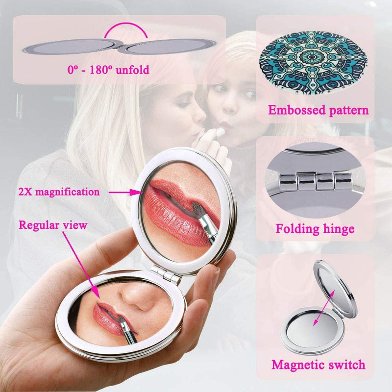 [Australia] - Beaufy Manifying Travel Makeup Compact Mirror Handheld Mini Pocket Purse Folding Portable Small Mirrors Bulk - Dual Beauty Mirrors for Women Girl Lady Men - Embossing Mandala Mixed designs - 6 Pack Green 