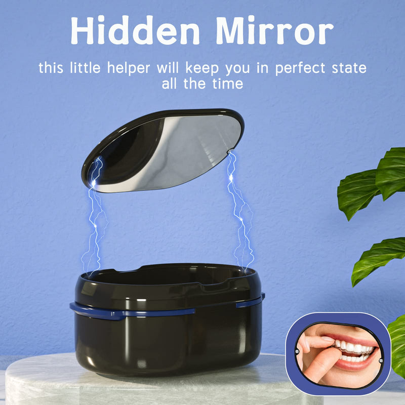 [Australia] - Denture Bath Box and Denture Brush Denture&Retainer Set, Denture Case with Mirror (Black) Black 