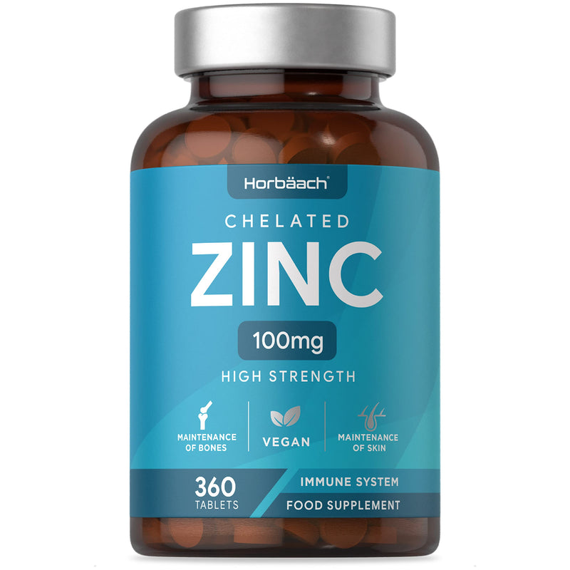 [Australia] - Chelated Zinc Supplement 100mg | 360 Vegan Tablets | High Strength Zinc Gluconate | for Immunity, Skin, Hair, Nails and Bones | No Artificial Preservatives | by Horbaach 