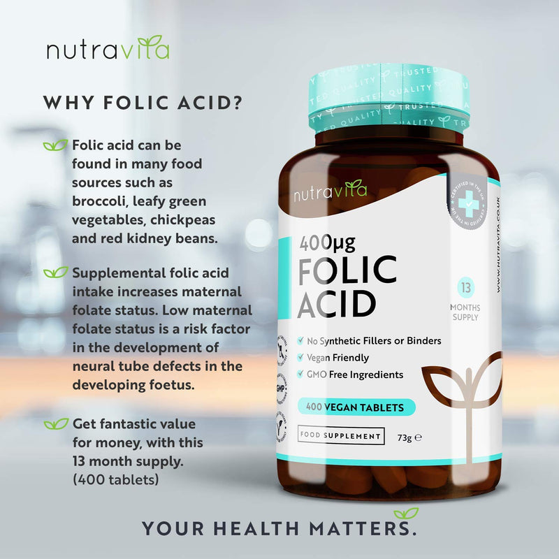 [Australia] - Folic Acid Tablets 400 mcg - 400 Vegan Vitamin B9 Tablets - 13 Month Supply - Pregnancy Care - Normal Function of Immune System & Maternal Tissue Growth During Pregnancy - Made in The UK by Nutravita 