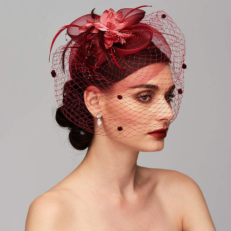 [Australia] - Feather Net Kentucky Derby Hat Fascinators Headpiece Wedding Special Occasion with Birdcage Veil Floral Flower Black 