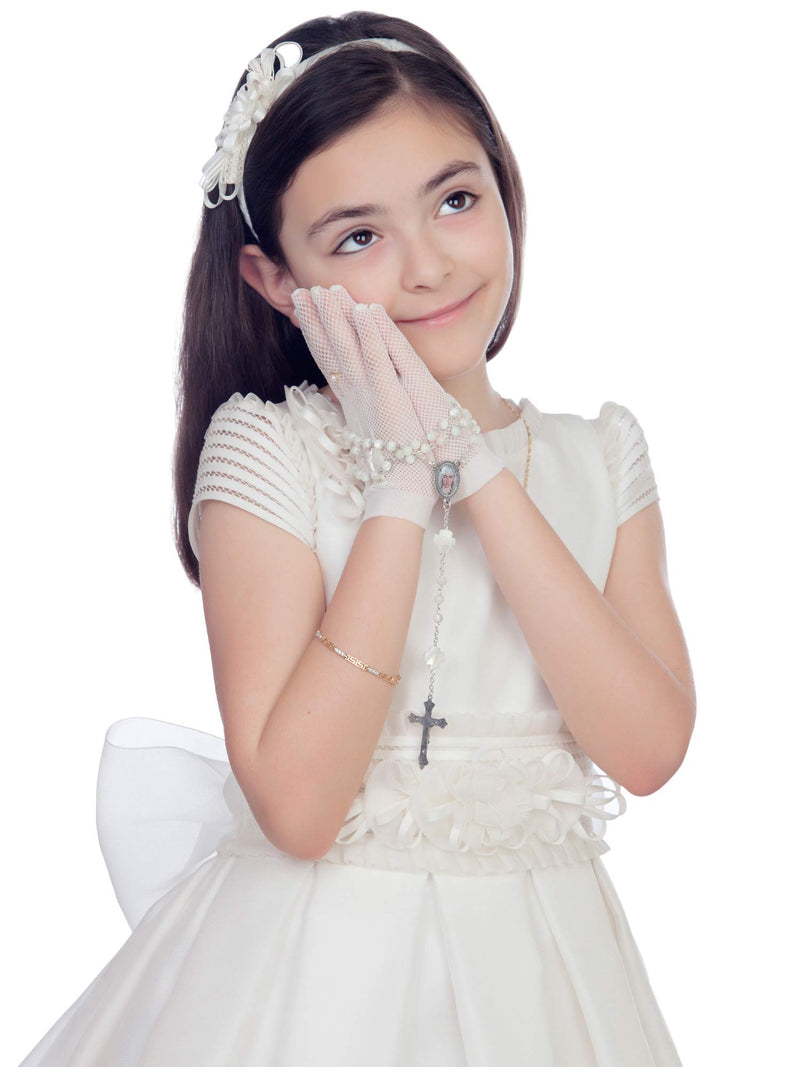 [Australia] - Chuangdi Flower Girl Gloves Short Princess Gloves Bow Tie Gloves Women Faux Pearl Gloves for Wedding Party First Communion (Lace Type, White) 