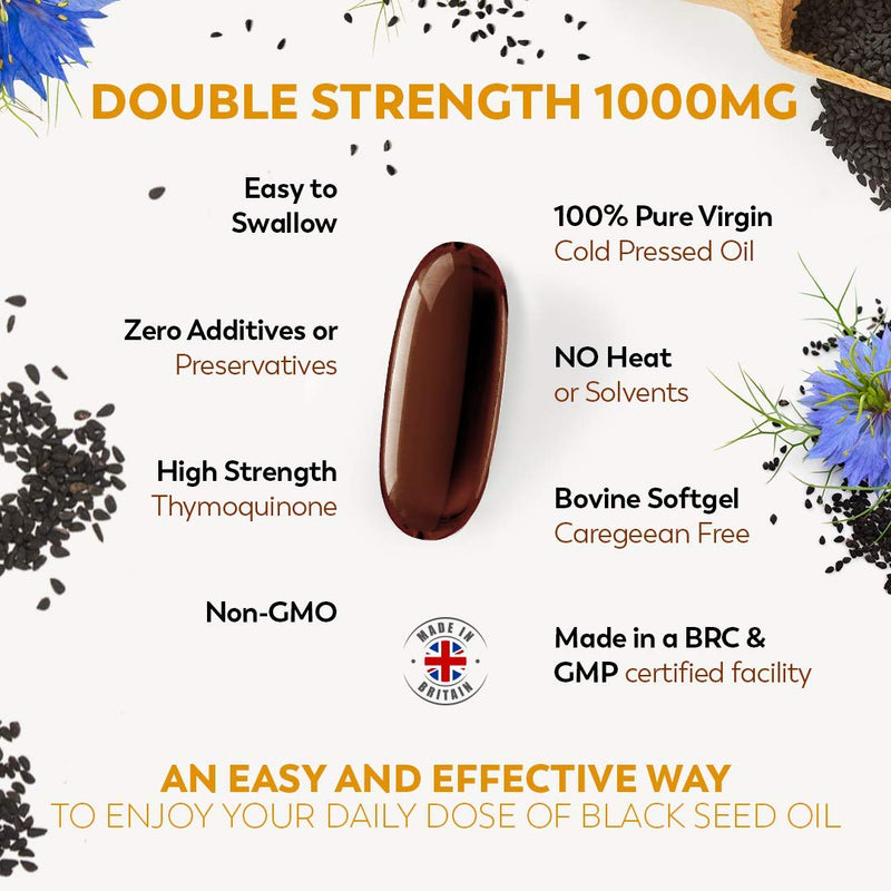 [Australia] - Black Seed Oil 120 Double Strength Capsules - Premium Cold Pressed Virgin Oil, High Strength Thymoquenine 3X% | 1000mg Softgels with Zero Additives (Non-GMO) Made in UK by Inner Vitality 