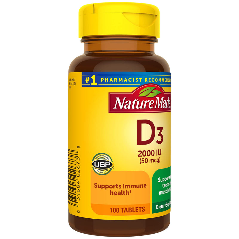 [Australia] - Nature Made Vitamin D3, 100 Tablets, Vitamin D 2000 IU (50 mcg) Helps Support Immune Health, Strong Bones and Teeth, & Muscle Function, 250% of the Daily Value for Vitamin D in One Daily Tablet 100 Count (Pack of 1) 