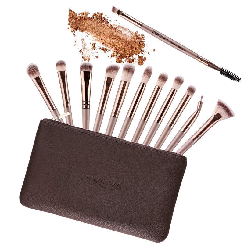 [Australia] - Zoreya Eye Makeup Brushes, 12 Pcs Professional Eye Brush Set Eyeshadow, Eyebrow, Blending, Fan, Eyelash Brushes Set With Carrying Bag(Champagne Gold) Champagne Gold 