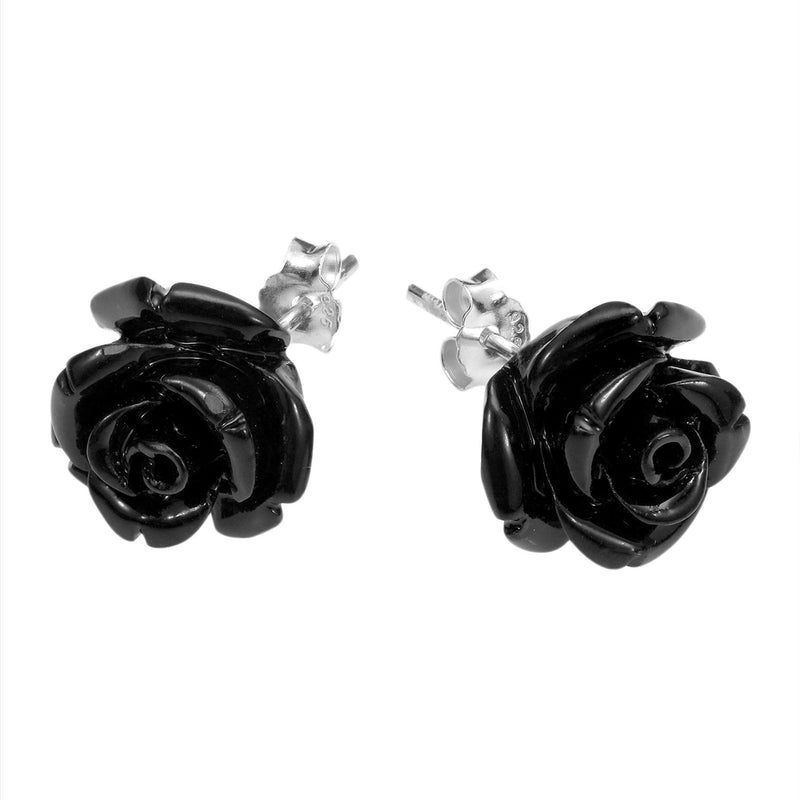 [Australia] - Pretty Blooming Carved Black Rose .925 Sterling Silver Stud Earrings 