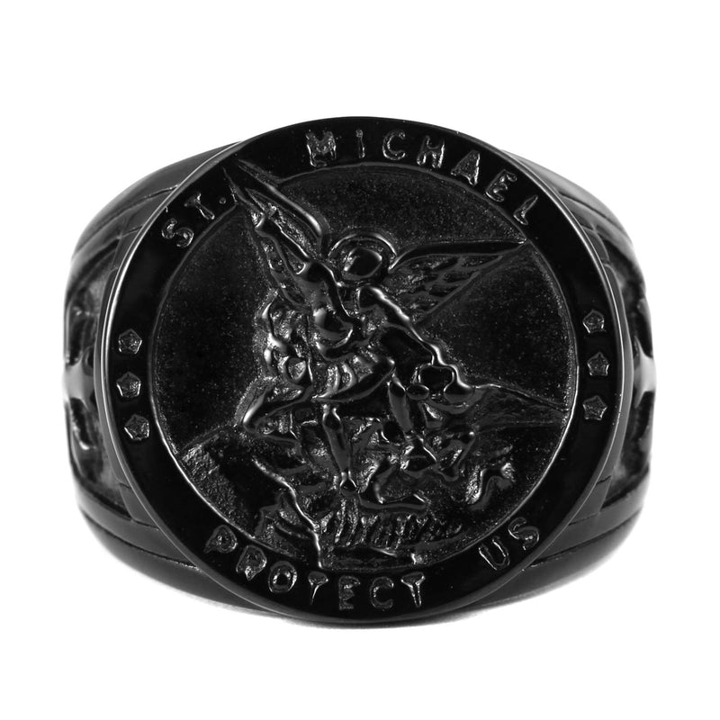 [Australia] - HZMAN St. Michael San Miguel The Great Protector Archangel Defeating Satan Figurine Stainless Steel Amulet Ring Black 7 