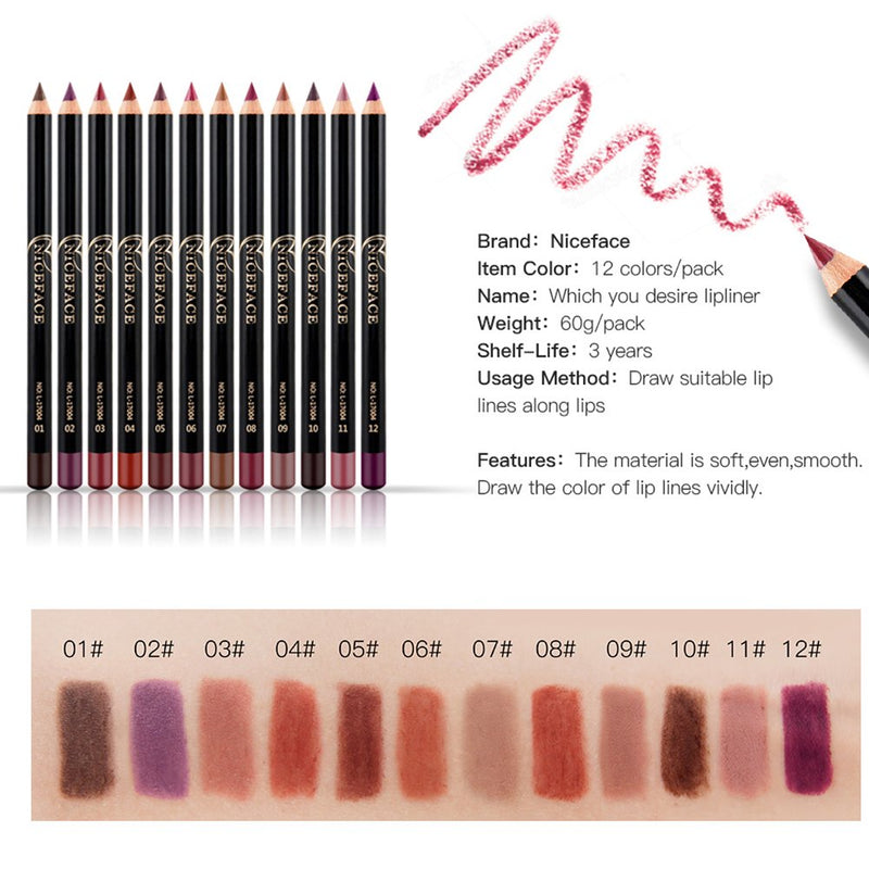 [Australia] - 12pcs/set NICEFACE Waterproof Long-lasting Lip Liner Pencil Lipliner Pen Makeup Cosmetic 