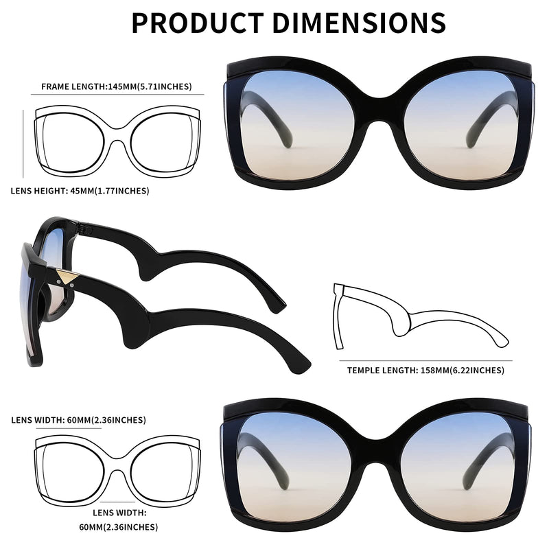 [Australia] - FEISEDY Oversized Square Butterfly Sunglasses Curved Curly Arm Frame Women's Fashion Shades B4035 Black Frame/Blue Yellow Lens 60 Millimeters 